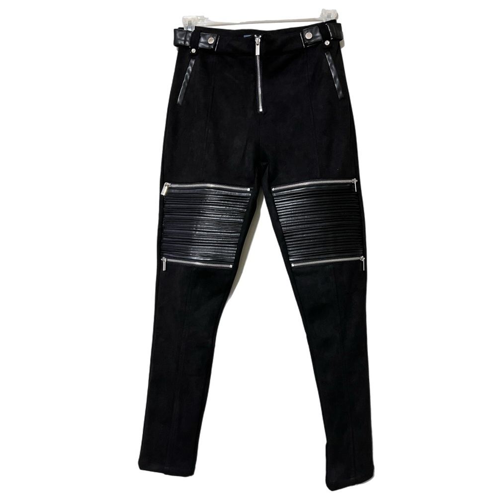 MANIERE DE VOIR women’s size 8 pull on black skinny leg biker pants silver zips